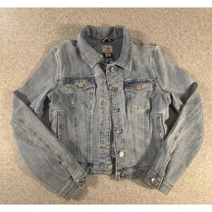 Guess Jeans Trucker Jacket Stretch Women's Size M Silver Logo Buttons Fitted